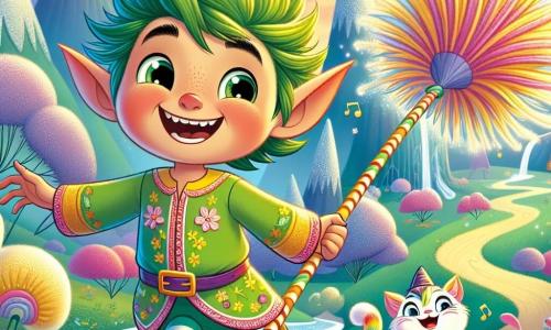 Un elfo gioioso di nome Zarillo, con grandi orecchie a punta e capelli verdi brillanti, si trova al centro della scena, un ampio sorriso illumina il suo volto. Indossa una tunica colorata decorata con fiori, e i suoi occhi brillano di eccitazione mentre corre dietro a una enorme pagliuzza di gomitolo che rimbalza gioiosamente davanti a lui. Accanto a lui, un piccolo gattino magico di nome Frugolino, con un pelo arcobaleno e occhi scintillanti, salta con le sue piccole zampe fluttuanti lasciando dietro di sé tracce di luce. Sembra felice e pronto a divertirsi. Sullo sfondo, la valle di Gigliorossa si estende con colline argentate scintillanti, alberi di zucchero filato dai colori pastello e fiori cantanti che danzano al ritmo del vento. Una cascata di latte e miele brilla sotto il sole al tramonto, aggiungendo un tocco di magia all'ambiente. La scena principale mostra Zarillo e Frugolino in corsa, ridendo e divertendosi, mentre inseguono la pagliuzza di gomitolo che sembra avere vita propria, creando un'atmosfera di gioia e avventura in questo mondo fantastico.