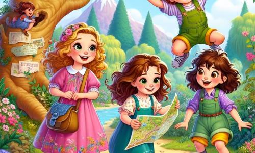 Quattro piccole avventuriere di sei anni si trovano al centro di un parco magico. Emma, con i capelli castani e ricci, indossa un vestito rosa con fiori e sorride entusiasta, tenendo una mappa tra le mani. Sofia, con i capelli biondi e lisci, indossa una maglietta blu e pantaloni gialli, punta un grande albero con occhi pieni di curiosità. Giulia, con i capelli castani e ondulati, indossa una salopette verde e un cappello di paglia, è accovacciata vicino a una vecchia cassa di legno, pronta ad aprirla. Mia, con i capelli rossi e ricci, indossa una tunica viola e jeans, salta di gioia con le braccia alzate, piena di energia. Il parco è pieno di fiori colorati, alberi maestosi e un cielo blu splendente. Le quattro amiche scoprono una vecchia cassa di legno nascosta dietro un cespuglio e si preparano ad aprirla insieme, curiose di scoprire i tesori che contiene.
