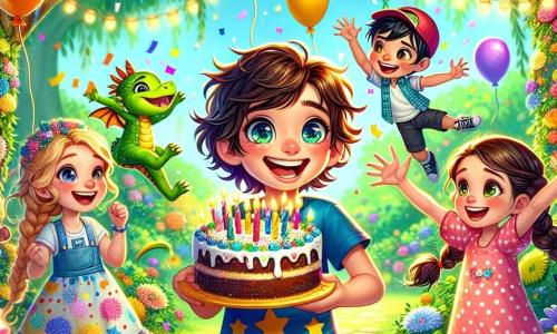 Un ragazzo di 6 anni di nome Leo, con capelli castani e ricci, occhi brillanti di gioia, sorride ampiamente mentre tiene in mano una grande fetta di torta colorata. Indossa una maglietta blu con stelle e pantaloni gialli, ed è circondato da palloni multicolori che fluttuano intorno a lui. Accanto a lui, una bambina di 6 anni di nome Sara, con capelli biondi e trecce, indossa un vestito rosa a pois e applaude entusiasta, con gli occhi brillanti di eccitazione. Un altro ragazzo, Marco, anche lui di 6 anni, con capelli neri e un cappellino rosso, lancia coriandoli in aria ridendo gioiosamente. La scena si svolge in un giardino incantato, pieno di fiori dai colori vivaci, grandi alberi con foglie verdi lussureggianti e ghirlande di luci scintillanti appese tra i rami. Un cielo azzurro con alcune nuvole bianche aggiunge un tocco di magia all'insieme. Leo festeggia il suo compleanno con i suoi amici, circondato da risate e gioia, mentre Puff, il piccolo drago verde, vola sopra di loro lanciando scintille colorate, aggiungendo un tocco di magia a questa festa indimenticabile.