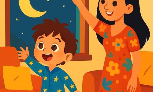 Un niño de 4 años, Sami, con cabello castaño desordenado y grandes ojos brillantes, mira maravillado la luna brillante por la ventana. Lleva un pijama azul con estrellas doradas y una gran sonrisa en su rostro, lleno de emoción. A su lado, su mamá, una mujer dulce de unos 30 años, con cabello largo y negro, sonríe tiernamente mientras cuelga guirnaldas luminosas de colores en el alféizar de la ventana. La escena se desarrolla en una sala acogedora, decorada con cojines suaves y una gran mesa de madera, donde hay un hermoso plato de deliciosos dulces. La luz de las guirnaldas brilla, creando una atmósfera mágica. Sami, maravillado, extiende la mano hacia la luna, como si quisiera atraparla, mientras su mamá le explica alegremente el comienzo del Ramadán, llenando la habitación de felicidad y compartición.