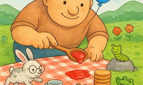 Un grande gigante chiamato Gigetto, volto rotondo e dolce, pelle color pane, occhi rotondi brillanti e sorriso timido, versa con cura una grande cucchiaiata di marmellata rossa su una grande tovaglia a quadretti; vicino, un coniglio piccolo con occhiali tondi e pelo bianco macchiato di grigio salta curioso, una piccola bruco verde a strisce gialle conta i biscotti su una pietra, una rana verde lucida applaude seduta su una foglia e un topolino marrone tiene una palla blu uscita dalla scarpa del gigante; tutto nella valle fiabesca con erba verde, fiori sorridenti, colline ondulate e cielo azzurro acquerellato, atmosfera calda e tenera, stile inchiostro colorato con texture acquerello e palette soffice con tocchi vivaci di rosso e blu.