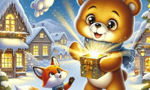 Ilustración que representa un pequeño oso de peluche, con un suave pelaje marrón y ojos brillantes de curiosidad. Flota alegremente en el aire, con una gran sonrisa en su rostro, sosteniendo una pequeña caja mágica que emite una luz dorada deslumbrante. A su lado, una pequeña liebre de grandes orejas, con pelaje blanco y ojos chispeantes de asombro, mira al oso con una sonrisa encantada. Se sostiene sobre sus patas traseras, lista para saltar de alegría. Un pequeño zorro de pelaje rojizo, con una cola esponjosa y ojos traviesos, está un poco más lejos, con las patas cruzadas, mostrando una expresión de emoción y sorpresa. Levanta una pata como si también quisiera volar. El escenario se desarrolla en un encantador pueblo nevado, con casas con techos cubiertos de nieve, luces brillantes colgadas en las ventanas y un gran árbol de Navidad decorado en el centro de la plaza, rodeado de copos de nieve que caen suavemente. La situación principal muestra al oso flotando en el aire, rodeado de sus amigos, compartiendo la magia de la Navidad, mientras la luz dorada de la caja ilumina el pueblo, creando una atmósfera festiva y alegre. Otros elementos gráficos incluyen estrellas brillantes en el cielo nocturno, guirnaldas de Navidad colgadas en las casas y niños jugando en la nieve al fondo, añadiendo a la calidez y alegría de la escena.