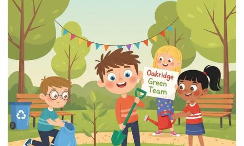 A group of four ~12-year-old children in a small community park: a round-faced boy with tousled brown hair and determined blue eyes joyfully planting a young tree with a green shovel in the foreground; Maya, light brown skin and black ponytail, smiling energetically and holding a red watering can to his right; Ben, light brown hair and round glasses, focused and kneeling as he picks up a blue trash bag beside a recycling bin to the left; Ava, mid-length blonde hair in colorful clothes, enthusiastically holding an "Oakridge Green Team" sign behind the planter; sparse lawn with flowers, wooden benches, a gravel path, pale-leafed trees and a colorful banner between two trees, soft late-afternoon light, vivid contrasting colors, composition centered on the newly planted sapling.