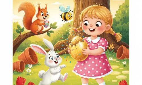 A joyful 4-year-old girl with blonde pigtails in a pink-and-white polka-dot dress holds a large shiny golden egg, eyes wide and smiling; Buzzy the bumblebee with turquoise translucent wings hovers above her right shoulder, Fluffball the white fluffy rabbit with pink ears jumps excitedly to her left, and a mischievous red squirrel with a bushy tail holds a small colored egg on a low branch behind them in an enchanted garden—bright green lawn dotted with red tulips and white daisies, a large textured tree with visible roots, overturned terracotta pots and a glowing paved path—just as the golden egg pops open with a little “pop,” spilling multicolored confetti and candies into warm sunset light, joyful dynamic mood, clean lines, simple shapes, saturated contrasting colors, soft shadows, composition centered on the girl and the egg.