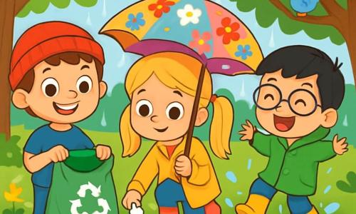 Hay 3 personajes: - Hugo: un niño de 6 años con cabello castaño y ojos brillantes. Lleva un gorro rojo y una camiseta azul. Está de pie, sonriendo, sosteniendo una bolsa de reciclaje. - Sofía: una niña de 6 años con cabello largo y rubio, recogido en dos coletas. Tiene un paraguas de flores coloridas y una chaqueta amarilla. Está al lado de Hugo, recogiendo basura del suelo. - Tomás: un niño de 6 años con cabello negro y gafas. Lleva botas de goma amarillas y un impermeable verde. Está un poco más atrás, saltando alegremente en un charco, salpicando agua a su alrededor. El lugar es un parque verde, con hierba brillante y árboles majestuosos cuyas hojas brillan bajo la lluvia. Flores coloridas salpican el suelo y pequeños pájaros cantan en las ramas. La situación principal muestra a los niños limpiando el parque bajo la lluvia, con sonrisas en sus rostros. Se divierten mientras recogen basura, demostrando que incluso un día de lluvia puede ser alegre y útil para el planeta.