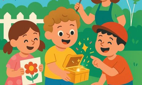A radiant 4-year-old boy with light brown curly hair, round cheeks and a big smile holds a small shiny box; to his left Lily, a 4-year-old girl with brown pigtails in a pink polka-dot dress, leans in offering a drawing; to his right a laughing 4-year-old boy in a red cap stands on tiptoe pointing at the box; their mother (about 30) stands in the background by a table with a large chocolate cake, wearing a green apron and waving a spatula; bright garden with a green lawn, a hollow tree stump where the box came from, multicolored balloons on a white fence and paper garlands; scene of a birthday treasure discovery with children gathered around the sparkling box, scattered confetti and stickers, joyful atmosphere, vivid colors and a simple composition readable for toddlers.
