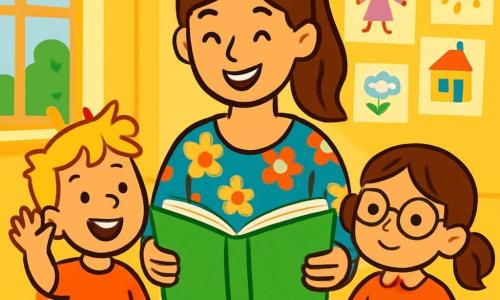 Een glimlachende juf Marloes staat in het midden van een heldere klaslokaal met gele muren en tekeningen van kinderen. Ze heeft lang bruin haar in een paardenstaart en draagt een kleurrijke blouse met bloemenpatronen. Haar gezicht straalt vreugde en enthousiasme uit terwijl ze een groot groen boek open voor zich houdt. Aan haar rechterkant steekt een 6-jarig jongetje, Tim, met blonde, rommelige haren, zijn hand op met een grote glimlach, klaar om zijn idee te delen. Aan haar linkerkant kijkt een 5-jarig meisje, Lila, met bruine vlechten en ronde bril, aandachtig naar het boek met nieuwsgierige ogen. Het klaslokaal is versierd met educatieve posters, kleurpotloden en houten speelgoed verspreid over de tafels. Het zonlicht stroomt binnen door de ramen en creëert een warme en uitnodigende sfeer. Juf Marloes leest een boeiend verhaal voor aan haar leerlingen die in een cirkel zitten, gefascineerd door de woorden en beelden van het boek. De opwinding en verbeelding hangen in de lucht, klaar om hen mee te nemen naar een nieuwe wereld van avonturen.