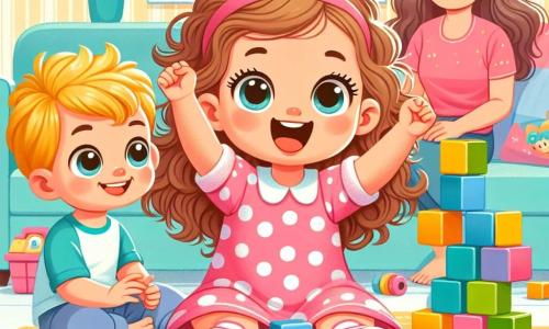 A 2-year-old girl with big bright eyes and a radiant smile is sitting on the floor surrounded by colorful blocks. She has curly hair and is wearing a pink polka dot dress. She looks joyful and enthusiastic, raising her arms in celebration of her tower's construction. Next to her, a 4-year-old boy with blond hair and a blue shirt watches the tower with wide eyes, ready to help. He is sitting cross-legged with his hands on his knees, smiling excitedly. In the background, their mother, a woman with brown hair and a gentle smile, watches them kindly from a comfortable couch. The scene takes place in a bright living room with pastel yellow walls, a fluffy rug, and toys scattered around. The main situation shows the little girl and boy building a large tower of colorful blocks together, laughing and encouraging each other, illustrating the joy of friendship and teamwork.