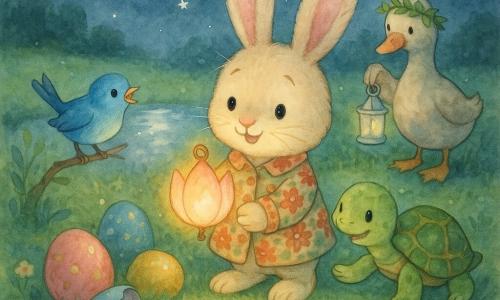 Pluszowy króliczek Bąbelek o różowych długich uszach i kremowym futerku, uśmiechnięty, w płaszczyku z kwiatów, trzyma lampion w kształcie płatka emitujący miękkie światło. Niebieski ptaszek Pik, malutki i żywy, siedzi na gałęzi po lewej i ciekawie go obserwuje. Mały żółw Mruś z zielono‑żółtą skorupą powoli idzie po prawej, stukając łapką. Na brzegu stawu dobrotliwy kaczor z koroną z liści podaje srebrzysty lampion. Wokół na trawie leżą kolorowe pisanki w różu, niebieskim, złocie i zieleni, niektóre pęknięte z małymi słodkościami. Tło: nocna łąka z gwiazdami, srebrnym księżycem i odbiciem na stawie. Główna scena: magiczna wielkanocna noc, przyjaciele tańczą przy kwiatowych lampionach w pastelowej akwarelowej palecie z ciepłym świetlistym nastrojem.