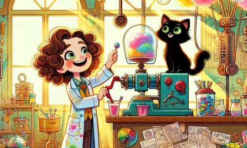 Luísa, uma inventora de cabelos cacheados e castanhos, usa uma blusa colorida cheia de manchas de tinta. Ela sorri amplamente, com os olhos brilhando de excitação, enquanto ajusta uma alavanca vermelha em sua máquina de nuvens de algodão doce. Ao seu lado, Bolota, seu gato preto de olhos verdes, observa curioso, sentado em uma caixa de ferramentas, pronto para ajudá-la em suas aventuras. A cena acontece em um ateliê iluminado, repleto de gadgets estranhos, planos espalhados e cores vibrantes. Raios de sol entram pela janela, iluminando prateleiras cheias de objetos variados. Luísa aciona a máquina, e nuvens de algodão doce coloridas se soltam, flutuando no ar como balões multicoloridos, enquanto crianças da aldeia, maravilhadas, se aproximam para pegar essas delícias doces.