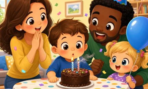Menino de 2 anos alegre, cabelos curtos castanhos, bochechas rosadas e olhos grandes soprando um bolo de chocolate com duas velas; mãe na casa dos 30, cabelos longos castanhos e sorriso terno atrás à esquerda; pai na casa dos 30, cabelos curtos pretos e chapéu de festa agachado à direita; amiga de ~3 anos, cabelos loiros em rabadinha segurando um balão azul ao lado do pai; sala clara com paredes amarelo‑pálido, bandeirolas coloridas, balões e mesa de madeira com toalha de bolinhas; cena íntima e doce com confetes no ar e iluminação quente; estilo chibi kawaii, cores vivas, formas arredondadas, olhos brilhantes e contornos nítidos.