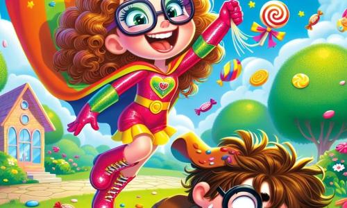 Pippi Piuma è una supereroina gioiosa, con lunghi capelli ricci e occhiali colorati. Indossa un costume brillante dai colori vivaci, con un mantello che fluttua dietro di lei mentre vola nell'aria, un grande sorriso sul volto, tenendo una nuvola di caramelle tra le mani. Accanto a lei, Gigi Gaffo, un ragazzo goffo di circa 10 anni, è sdraiato a terra, circondato da caramelle sparse. Ha i capelli arruffati e un volto confuso, ma un sorriso timido appare mentre guarda Pippi. La scena si svolge in un parco soleggiato, pieno di alberi verdi e fiori colorati. In lontananza si vede un piccolo negozio di caramelle con un'insegna gioiosa. Pippi ride felicemente mentre offre caramelle a Gigi, che, rialzandosi, sembra pronto a giocare con lei, mentre nuvole a forma di caramelle fluttuano nel cielo.