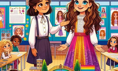 Una niña de 11 años, llamada Elena, está en el centro de la imagen, con largos cabellos castaños y ojos llenos de curiosidad. Lleva un vestido colorido y una gran sonrisa, mostrando su entusiasmo mientras presenta su proyecto sobre la igualdad de género. A su lado, su mejor amiga Sofía, también de 11 años, tiene el cabello rizado y lleva una blusa blanca. La mira con admiración, sosteniendo una maqueta del 