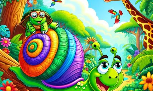 Un caracol llamado Ramón, con una concha colorida en espiral y una gran sonrisa, se desliza lentamente sobre un tronco, rodeado de flores brillantes y hojas verdes. Sus ojos brillan de emoción mientras participa en la Gran Competencia de la Jungla. Junto a él, una tortuga llamada Tula, con un caparazón verde y gafas, lo anima desde una roca. Al fondo, una jirafa llamada Gigi observa la escena riendo, mientras un loro colorido, Lolo, vuela sobre ellos. La escena se desarrolla en una jungla exuberante, llena de árboles majestuosos y flores multicolores. Ramón, decidido y divertido, se desliza con gracia, listo para demostrar que un caracol puede ser un gran competidor.