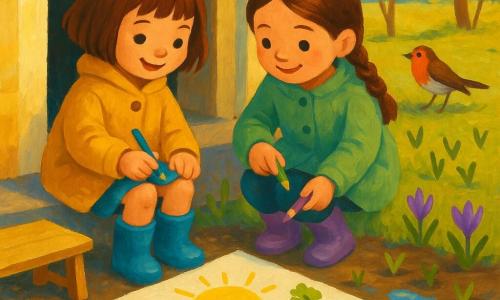 Two main characters: Maya, about 5, short brown hair, mustard-yellow coat and blue boots, sitting left on the doorstep step, holding a blue crayon and drawing a large yellow sun on a big white sheet; Lila, about 5, long brown braids, light green coat and purple rubber shoes, sitting right with a green then purple crayon, drawing a small tree beside the sun, their knees almost touching. Setting: house threshold opening onto a small spring garden with wet ground and shiny puddles reflecting a pale sky, dark loose soil, tender green shoots and scattered purple crocuses, a light wooden bench and an open crayon box nearby, golden morning light filtering through bare branches. Main situation: the girls share crayons and draw a spring scene together on the sheet using vivid colors—warm yellow for the sun, tender green for shoots, purple for crocuses, blue for puddles; a curious robin perches nearby; the mood is gentle, with simple gestures and focused, smiling expressions.