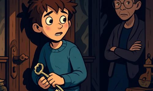 A 12-year-old boy with messy brown hair and sparkling gray eyes stands in front of an old wooden door, his face marked by a mix of wonder and apprehension. He wears a worn blue sweater and torn jeans, his trembling hands holding a shimmering silver key. Nearby, a middle-aged woman, the house's owner, with gray hair pulled into a tight bun and round glasses, watches the boy with a worried yet protective expression, standing in the shadow of a dark hallway. The setting is an old house, with dark wooden walls, dusty tapestries, and dancing shadows cast by flickering light. Ancient books and mysterious objects are scattered around, creating a magical yet unsettling atmosphere. The main scene shows the boy, hesitant yet determined, ready to open the door leading to a mysterious corridor, while shadows seem to stretch and move around him, as if waiting for his next move.