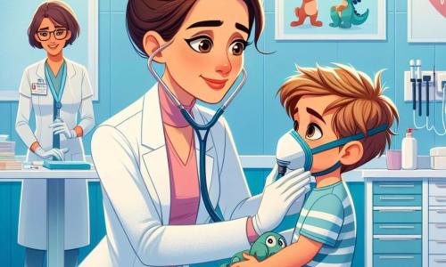 O tânără doctoriță, Ana, este o femeie de aproximativ treize ani, cu părul brun prins într-un coc, purtând un halat alb strălucitor. Are un zâmbet cald și ochi strălucitori de determinare în timp ce examinează un băiețel, Luca, care are aproximativ șase ani, cu părul blond în dezordine și o privire îngrijorată. Luca stă pe o masă de examinare, ținând un jucărie în formă de dinozaur, în timp ce Ana îi vorbește cu blândețe pentru a-l liniști. În cameră se află și o asistentă, o femeie de aproximativ patruzeci de ani, cu părul scurt și ochelari, care pregătește materiale medicale pe un cărucior din apropiere, observând scena cu un zâmbet încurajator. Locul este o sală de urgență luminoasă și colorată, cu pereții vopsiți în albastru deschis și afișe cu personaje de desene animate despre sănătate, creând o atmosferă primitoare pentru copii. Situația principală o arată pe Ana liniștindu-l pe Luca, explicându-i că este foarte curajos în timp ce îi pune o mască de oxigen, transformând un moment de frică într-o experiență pozitivă și plină de speranță.