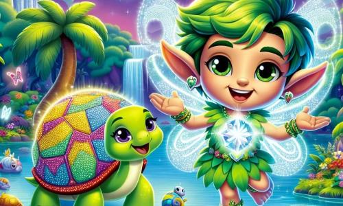 Um duende chamado Lúcio, um garoto com cabelos verdes brilhantes e grandes orelhas pontudas, está alegremente no centro da imagem, segurando em suas mãos uma magnífica Pedra da Alegria que brilha intensamente. Seu rosto irradia felicidade, com um sorriso radiante que ilumina seu olhar cintilante. Ao seu lado, uma tartaruga mágica chamada Tara, com uma carapaça adornada com padrões coloridos, observa Lúcio com olhos sábios e benevolentes, sorrindo suavemente, como se compartilhasse a alegria de seu amigo. O cenário é uma oásis encantada, cercada por majestosos coqueiros e flores vibrantes, com água cristalina refletindo as cores do céu. Borboletas coloridas voam ao redor, adicionando um toque de magia à atmosfera. A cena principal mostra Lúcio dançando com entusiasmo, cercado por seus amigos animais, enquanto a luz da Pedra da Alegria ilumina tudo ao seu redor, criando uma atmosfera festiva e alegre.