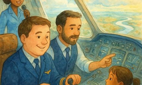 Un pilot, Andrei, ~38 ani, față rotundă și zâmbitoare, păr scurt șaten, uniformă bleumarin cu insignă aurie în formă de aripă, concentrat și fericit cu mâinile pe manșă privind norii; copilotul Mihai, ~40 ani, barbă ușoară, cămașă deschisă și vestă, citește instrumentele și arată un ecran, calm și atent; o însoțitoare, ~30 ani, părul prins în coc, uniformă bleu, stă în culoar cu microfonul, zâmbitoare; doi copii la geam — băiat ~6 ani, păr blond, tricou roșu, și fată ~5 ani, cozi și rochie galbenă — lipesc nasul de geam, uimiți; cabina cu panouri, butoane colorate și scaune din piele maro; prin parbriz cer luminos cu nori pufoși, o cursă de râu argintie și acoperișuri miniaturale sub lumină de dimineață aurie; scena sugerează zbor deasupra norilor, liniște și uimire; stil acuarelă delicată, culori pastel, textură de hârtie și stropi controlați pentru mișcare și magie.