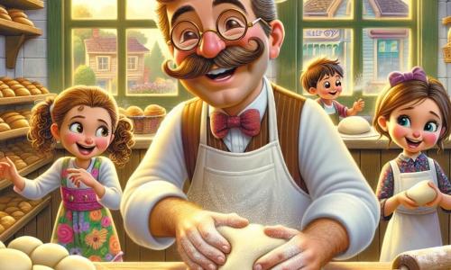 In a cozy bakery, a cheerful man, Mr. Dough, is at the center of the image. He has a large brown mustache, round glasses, and wears a white apron dusted with flour. His face radiates happiness as he enthusiastically kneads the dough, his hands covered in flour. Around him are three children: Lucy, an 8-year-old girl with curly hair in a colorful dress, watching in awe; Tommy, a 7-year-old boy with square glasses, seriously trying to knead a piece of dough; and Mia, a 6-year-old girl with pigtails, laughing as she adds chocolate chips to the dough. The bakery, "Dough’s Delights," is filled with bright colors, with shelves loaded with golden bread and tempting pastries. Wooden windows let in sunlight, illuminating the room with a warm glow. The scene depicts Mr. Dough and the children joyfully creating rolls together, while the warmth of the oven promises delicious treats to come.