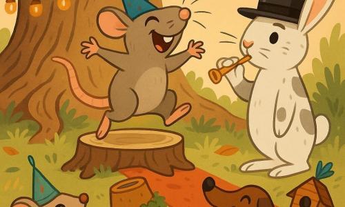 Die Hauptfigur ist die freche Ratte Rollo mit glattem grau-beigem Fell, großen Schnurrhaaren und einem spitzen blauen Hütchen mit großer paillettenbesetzter Feder, die auf einer kleinen Rundholzbühne springt; die Nebenfigur ist der ernste, aber lächelnde Hase Hugo mit weiß-grau geflecktem Fell und schwarzem Zylinder mit glänzenden Punkten, der neben der Bühne in eine goldene Pfeife bläst; weitere Tiere sind die winzige Maus Lilli mit Mini-Zelt-Hut, die Schildkröte Trudi mit grünem Panzer und umgedrehtem Blumentopf als Hut sowie der Dackel Dieter, der einem fliegenden Vogelnistkasten hinterherläuft; Schauplatz ist der Fuße einer alten Eiche mit rauer Rinde, verdrehten Wurzeln, grün-braunem Laubteppich, Laternenketten in den Ästen und einem roten Teppich aus großen Blättern, Szene: eine fröhliche Parade komischer Hüte mit tanzenden Tieren, fliegenden Federn, Moos, Töpfen und Grasbüscheln an den Kopfbedeckungen.