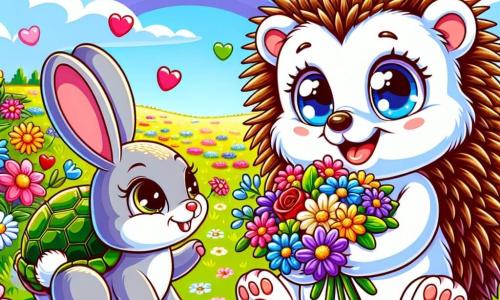 Een klein egeltje met glanzende ogen en zachte stekels, dat gelukkig glimlacht, zit op een tapijt van kleurrijke bloemen en houdt een boeket bloemen vast in zijn kleine pootjes. Naast hem kijkt een blije konijn met grote oren en een stralende witte vacht, enthousiast huppelend, bewonderend naar het egeltje. Iets verderop observeert een schildpad met een groene schild en wijze ogen, die zachtjes glimlacht, de scène vriendelijk zittend op het gras. De achtergrond toont een zonnig veld, bezaaid met stralende bloemen, onder een heldere blauwe lucht met enkele donzige wolken, wat een vrolijke en zomerse sfeer creëert. De hoofdsetting vertegenwoordigt het moment waarop de vrienden zich voorbereiden om een mooi feest in de natuur te organiseren, omringd door lachen en levendige kleuren.