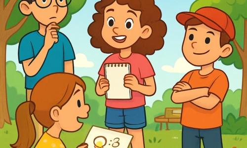 Hay 4 niños: - Sofía: una niña de 10 años con cabello rizado y castaño, vestida con una camiseta rosa y un short de mezclilla. Está de pie en el centro, sonriendo y sosteniendo un cuaderno. - Miguel: un niño de 11 años, alto y delgado, con gafas redondas y cabello negro. Lleva una camiseta azul y pantalones beiges. Está a la izquierda de Sofía, pensativo. - Clara: una niña de 10 años, con cabello largo y liso recogido en una coleta. Lleva un vestido amarillo con lunares y está sentada en el césped, dibujando ideas en un papel. - Tomás: un niño de 11 años, con cabello castaño y una gorra roja. Está a la derecha de Sofía, con los brazos cruzados y una sonrisa alentadora. La escena tiene lugar en un parque verde, lleno de árboles majestuosos y flores coloridas. El cielo es azul con nubes blancas y el sol brilla sobre ellos. Los niños discuten alegremente sus ideas para ayudar a sus padres a comunicarse mejor, intercambiando sonrisas y gestos, listos para poner en práctica sus planes.