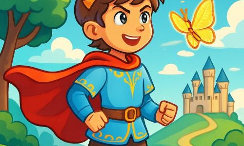 Un joven príncipe llamado Elian, de unos 12 años, se encuentra al borde de una colina verde, su rostro radiante de determinación y emoción. Lleva una túnica azul celeste adornada con motivos dorados, y su capa roja ondea detrás de él, capturando la luz del sol. Su cabello castaño, ligeramente ondulado, brilla bajo los rayos del sol. A su lado, una mariposa dorada, pequeña y luminosa, vuela a su alrededor, sus alas brillando como joyas al sol. El paisaje es un cuadro encantador: árboles majestuosos con hojas verde esmeralda, un cielo azul brillante salpicado de nubes blancas esponjosas, y a lo lejos, el castillo resplandeciente de piedras brillantes, situado en una colina. Elian, listo para la aventura, mira con determinación el camino que se extiende ante él, mientras la mariposa dorada lo anima a avanzar hacia lo desconocido, hacia la búsqueda que lo espera para salvar su reino.