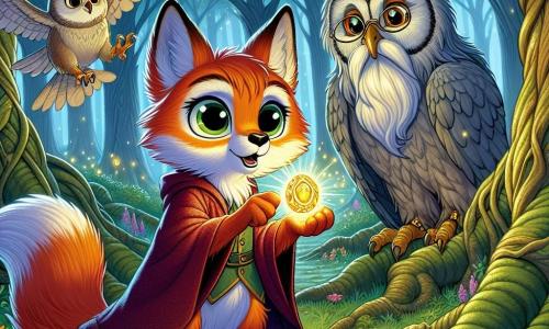 In einer verzauberten Lichtung steht der junge Fuchs Fina mit ihrem leuchtend roten Fell und neugierigen Augen in der Mitte, hält ein schimmerndes goldenes Amulett in ihren Vorderpfoten, ihr Gesichtsausdruck zeigt Staunen und Entschlossenheit. Zu ihrer Rechten beobachtet der weise alte Uhu Eldor mit grauen Federn und runden Brillen Fina wohlwollend, seine Flügel leicht ausgebreitet, als wäre er bereit zum Fliegen, mit einem Ausdruck von Stolz und Weisheit. Die Kulisse ist ein dichter Wald, in dem majestätische, knorrige Bäume gen Himmel ragen, deren grüne Blätter ein Dach aus sanftem Licht bilden, und bunte Blumen den Boden schmücken, was eine magische und einladende Atmosphäre schafft. Die Hauptsituation zeigt Fina, die das geheimnisvolle Amulett entdeckt, beleuchtet von Sonnenstrahlen, die durch die Äste filtern, während Eldor sie mit einem Lächeln ermutigt, bereit, ihr bei ihrem Abenteuer und ihrer Suche nach Weisheit zu helfen.