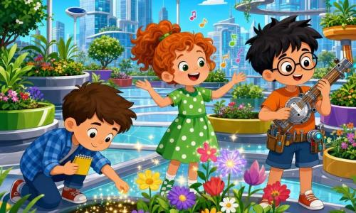 Tre bambini di 6 anni: Leo, bambino dai capelli castani corti con una camicia a quadri blu e un taccuino giallo, a sinistra che guarda semi scintillanti; Mia, bambina con capelli rossi ricci raccolti, vestito verde a pois, al centro che canta e agita le mani verso i fiori; Sam, bambino con capelli neri spettinati, occhiali tondi e maglietta arancione, a destra che suona un piccolo strumento artigianale. Sono su un giardino pensile su un tetto futuristico con vasi colorati, passerelle sospese e skyline di grattacieli, mentre piantano semi che brillano come stelle e si aprono in fiori multicolori in una scena gioiosa, colori saturi e forme semplici.