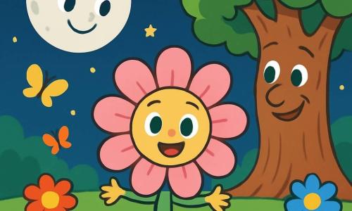 Un piccolo fiore di nome Petalo, con petali rosa delicati e un volto sorridente, si trova al centro di un giardino soleggiato, con le braccia aperte, esprimendo gioia e curiosità. Guarda intorno a sé con occhi scintillanti di meraviglia. A destra, un vecchio albero maestoso con un tronco largo e nodoso, le cui foglie verdi brillano nel vento, sembra saggio e benevolo, con rami estesi come braccia protettive. Sorride dolcemente, trasmettendo una sensazione di pace e conforto. A sinistra, una luna sorridente, piena e argentata, brilla in un cielo stellato, illuminando il giardino con una dolce luce notturna. Sembra attenta e amichevole, vegliando su Petalo con tenerezza. Il giardino è pieno di fiori colorati, farfalle svolazzanti e erba verde brillante, creando un'atmosfera gioiosa e magica. Sullo sfondo, stelle scintillano nel cielo, aggiungendo un tocco di sogno alla scena. La situazione principale mostra Petalo mentre condivide le sue scoperte sulla gioia e l'amicizia con i suoi amici, circondato dalla bellezza del giardino, mentre ascolta i saggi consigli dell'albero e della luna.