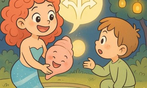 La sirena Mira, felice e maliziosa, sorride; ha capelli corallo ricci, una coda azzurro cielo a righe bianche con piccole scintille, grandi occhi madreperlacei e tiene una grande conchiglia rosa che ride e soffia una bolla-lanterna a forma di freccia che indica tre sentieri. Il bambino Nino, circa 3 anni, curioso e meravigliato, in pigiama verde e calzini a stelle, è inginocchiato sul bordo dello stagno con la mano tesa verso la sirena. Il luogo è il Giardino delle Onde: un piccolo stagno rotondo circondato da alberi-lanterna, acqua color limone pallido, cielo crepuscolare blu velluto, erba con fiori di zucchero. Situazione: scena calma e gioiosa, colori caldi e contorni morbidi.