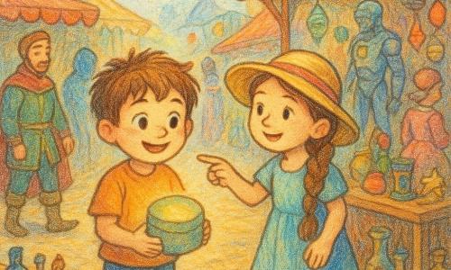 A 6-year-old boy, Leo, with tousled brown hair and curious eyes, holds a round box emitting a soft light. He has a look of wonder on his face. Mina, an 8-year-old girl with a long braid and a sun hat, stands next to Leo, pointing at a market stall. She wears boots and has a friendly demeanor. The time market is lively and colorful, with hanging paper lanterns and wooden stalls filled with strange, shiny objects. People in costumes from different eras stroll around, creating a joyful fair atmosphere. The main scene shows Leo and Mina at the center of the market, surrounded by historical and futuristic characters, each absorbed in their activities, while Leo's box emits a gentle glowing "tick-tick."