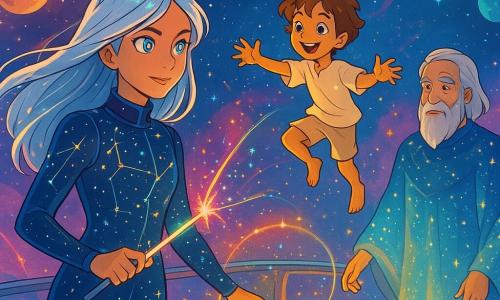A young woman named Liora, with hair shining like silver strands, stands on the deck of a spaceship. Her face shows determination and curiosity, with eyes sparkling with starlight. She wears a futuristic suit adorned with shimmering constellation patterns and holds a glowing wand that emits colorful bursts. Beside her is a small boy named Pip, with messy hair and golden skin, joyfully spinning in the air. He wears a light tunic and has a bright smile, arms open as if to catch the stars. A little further away, an elderly man named Sef, with a silver beard and wise eyes, watches the scene kindly. He is draped in a flowing robe that glows brightly, as if made of light. The setting is a vast intergalactic space filled with colorful nebulae and sparkling planets. The ship is surrounded by light filaments forming a network of connections between the stars, creating a magical and vibrant atmosphere. The main scene shows Liora, Pip, and Sef creating a circle of light around a ship's engine while singing a harmonious melody to soothe the young stars shining around them. Bursts of light dance in the air, reflecting their determination to bring peace and harmony to the universe.