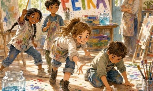 Leonor, 10 anos, rosto redondo com sardas, cabelo castanho-claro em rabo de cavalo, expressão maliciosa e alegre, corre de botas pintadas estendendo a mão para um pincel que rola; Tomás, 10 anos, cabelo curto castanho, concentrado, ajoelhado a limpar um risco de tinta amarela com um pano ao lado de Leonor; Rita, 9 anos, cabelo preto em trança, vivaz e risonha, levanta um pequeno pincel como se fosse uma espada à frente à esquerda; Diogo, 10 anos, cabelo escuro e olhar calmo, segura o pincel entre os dedos atrás de Leonor com expressão satisfeita; Dona Celeste, cerca de 50 anos, cabelo grisalho preso e sorriso afável, observa perto de uma porta aberta; cenário: ateliê luminoso com janelas grandes, chão de madeira manchado de tinta, cavaletes, potes de água e caixas de guache; situação: perseguição alegre para apanhar um pincel fugitivo que deixa um rasto amarelo brilhante, cartaz ao fundo com a palavra FEIRA, atmosfera calorosa e colorida em estilo aquarela.