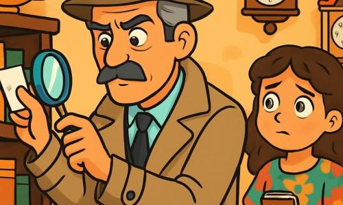 Um homem detetive, Joaquim Ventura, com cerca de 50 anos, cabelos grisalhos e um bigode bem cuidado, usa um trench coat bege e um chapéu fedora. Seu rosto expressa curiosidade e determinação enquanto examina atentamente uma prateleira de madeira escura. Ao seu lado, Clara, uma menina de 12 anos, com cabelos castanhos e cacheados, usa um vestido colorido e tem um olhar preocupado, segurando um pequeno caderno nas mãos. Ela observa Joaquim com esperança. O local é uma charmosa casa antiga, cheia de antiguidades, onde as paredes são adornadas com relógios que marcam o tempo, criando uma atmosfera misteriosa. Joaquim descobre um pedaço de papel preso entre as prateleiras, revelando uma pista crucial sobre o roubo de um valioso relógio.