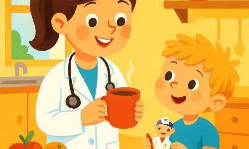Pani Doktor Asia, uśmiechnięta i życzliwa lekarka, nosi białą fartuch i stetoskop na szyi. Jej brązowe włosy są związane w ładny kucyk, a oczy błyszczą dobrocią. Stoi w jasnej kuchni, trzymając filiżankę gorącego kakao, z radosnym wyrazem twarzy. Obok niej stoi pięcioletni chłopiec z rozczochranymi blond włosami i figlarnym uśmiechem, patrząc na matkę z podziwem. Ma na sobie niebieską koszulkę i kolorowe szorty, trzymając zabawkę w kształcie lekarza. Kuchnia jest przytulna, z słonecznymi żółtymi ścianami, drewnianym stołem z świeżymi owocami i książkami. Okno wpuszcza poranne światło, oświetlając pomieszczenie. Pani Doktor Asia przygotowuje się do pracy, pełna entuzjazmu i miłości do pomagania dzieciom.