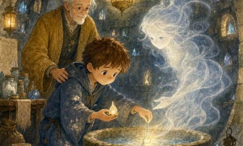 The main character is Milo, a young wizard boy with a soft round face, short chestnut hair and a simple blue-gray robe dusted with flour; calm, kind expression, holding a small teardrop candle in one hand and unwinding a pale blue thread with the other, crouched by a stone basin. A secondary character is Orin, an elderly alchemist (around 60) with tied silver hair and a long curry-colored coat, standing behind Milo by a table of jars, smiling and resting a hand on Milo’s shoulder. Another secondary is the guardian spirit, a translucent vaporous human silhouette veiled in white and silver mist with gentle pearl-like eyes, floating above the basin and brightening toward the candle. The scene is a damp underground round stone chamber with walls of small sparkling crystals, a central stone basin, hanging old lanterns and pale blue threads of light drifting like ribbons. Milo places the thread and candle into the basin; the small golden flame slowly grows, the spirit brightens and a ceiling lantern lights in response, creating a warm, intimate, reassuring atmosphere. Visual style: soft watercolor, pale blues, warm golds and stone grays, granular stone textures and light brushwork for the mist, muted lighting and subtle contrasts.
