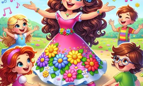 Miss Harmony, a cheerful woman with long wavy hair, wears a colorful flower-adorned dress. She smiles enthusiastically with open arms, surrounded by children, expressing great joy and a passion for music. Lily, a 7-year-old girl with pigtails and a pink dress, dances with a big smile, while Max, an 8-year-old boy with brown hair and glasses, plays with a large red ball, both radiating happiness. The scene takes place in a sunny park filled with colorful flowers and lush trees, under a clear blue sky with singing birds. The children sit on the soft grass, forming a circle around Miss Harmony, who is ready to sing. The main situation shows Miss Harmony and the children singing a joyful song together, their faces lit up with happiness, creating a magical atmosphere of camaraderie and music.