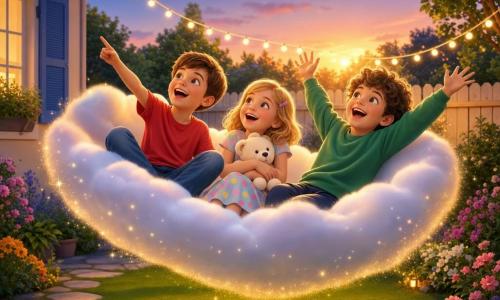 Three children float gently in a fluffy white cloud hammock sprinkled with sparkling imagination dust over a neatly mown backyard at dusk: Rick, a 9-year-old boy with short brown hair in a red T-shirt and jeans sits left, laughing and pointing at the sky; Emma, an 8-year-old girl with mid-length blonde hair and a hairclip in a pastel polka-dot dress sits center, hugging a small white teddy and smiling; Jake, a 10-year-old boy with curly brown hair in a green sweatshirt sits right, raising his arms excitedly; warm golden sunset light, colorful flowers along a stone path, string lights overhead and a pale wooden fence with a house with blue shutters visible left create a soft, amusing, comforting atmosphere.