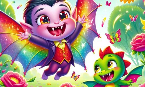 Mały wampir o imieniu Wituś, z błyszczącymi czerwonymi oczami i kolorowymi skrzydłami, radosnie lata w magicznym ogrodzie. Ma promienny uśmiech, a jego małe, ostre zęby są widoczne, co pokazuje jego entuzjazm. Obok niego unosi się mały smok o imieniu Fikuś, z błyszczącymi zielonymi łuskami i figlarnymi żółtymi oczami, pełen energii i radości. Ogród jest wypełniony latającymi kwiatami w jaskrawych kolorach, takimi jak różowe róże i złote słoneczniki, które delikatnie tańczą na wietrze. Migoczące motyle wirują wokół nich, dodając magii otoczeniu. Główna scena przedstawia Witusia odkrywającego swoje nowe tęczowe skrzydła, unoszącego się nad kwiatami w śmiechu, podczas gdy Fikuś entuzjastycznie go wspiera. Atmosfera jest radosna i jasna, wypełniona żywymi kolorami i magią.