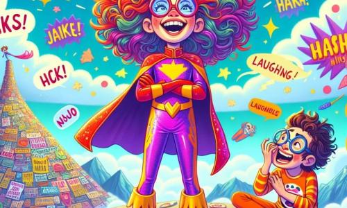Lila, una superhéroe alegre, es una joven con cabello rizado y colorido, vestida con un traje brillante de colores vivos y una gran sonrisa en su rostro. Hace una mueca hilarante, con ojos chispeantes de malicia, mientras se encuentra sobre una montaña de chistes, rodeada de burbujas de risa coloridas que flotan a su alrededor. A su lado, el Increíble Chistoso, un niño de unos 10 años con gafas redondas y una camiseta de chistes, estalla en risas, sosteniéndose el vientre de alegría. Está ligeramente inclinado hacia adelante, listo para contar otro de sus chistes absurdos. Al fondo, la montaña de chistes está cubierta de carteles humorísticos y flores que ríen, mientras el cielo es de un azul brillante, salpicado de nubes con caras sonrientes. La escena principal muestra a Lila y al Increíble Chistoso uniendo fuerzas para hacer reír a El Serio, un villano de rostro severo que está cerca, con los brazos cruzados, pero cuyas labios comienzan a curvarse en una sonrisa, rodeado de burbujas de risa que estallan a su alrededor.
