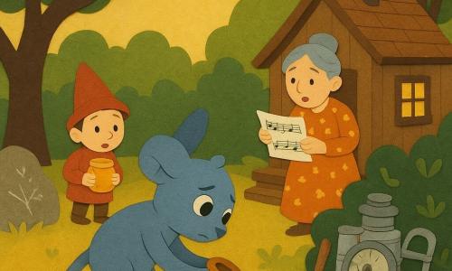 Nilo, pequeno ser animal imaginário de pele azul-cinza, grandes orelhas flexíveis e cauda com leve halo dourado, expressão concentrada e ligeiramente preocupada, inclinado para apanhar um pote de mel antes que caia; o Nilo criança, menor, chapéu vermelho torto, olhos arredondados e curiosos, segura outro pote de mel e observa surpreso e divertido, posicionado atrás e à esquerda do Nilo adulto; a velha senhora, humana com cabelo grisalho preso em coque, vestida com vestido florido e segurando uma folha de canção, rosto terno e surpreso, em pé no degrau da pequena casa de madeira ao fundo; uma máquina do tempo improvisada entre arbustos verdes — caixas de conserva prateadas, uma cadeira com cinto de corda, um grande espelho redondo e um velho despertador rachado no centro, com uma pequena alavanca de madeira visível; local: clareira banhada por luz dourada, erva alta com trevos, uma casinha fumegante com pequena janela, uma grande pedra marcada por desenhos a lápis branco e galhos formando moldura natural; situação: momento delicado e suspenso — Nilo segura silenciosamente o pote de mel para impedir que bata na alavanca da máquina, tensão suave e atmosfera calorosa, cena rica em texturas (madeira, metal amassado, tecido) e cores quentes (amarelo, verde, azul-cinza).