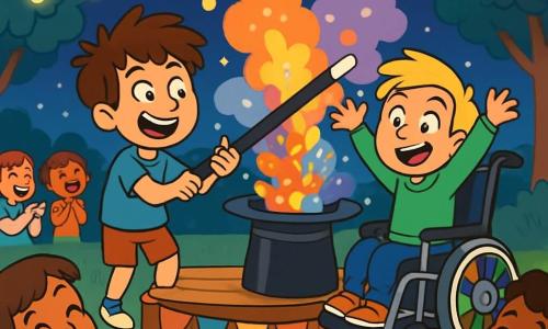 Há 2 personagens principais: - Pedro: um garoto de 10 anos com cabelo castanho bagunçado e olhos brilhantes de curiosidade. Ele usa uma camiseta azul e um short vermelho, e está à esquerda, rindo com entusiasmo. - Lucas: um garoto de 10 anos com cabelo loiro e um grande sorriso. Ele está em uma cadeira de rodas decorada com adesivos coloridos e usa um moletom verde. Ele está à direita de Pedro, levantando os braços no ar, cheio de excitação. O cenário principal é um campo aberto sob um céu estrelado, iluminado por luzes penduradas nas árvores. No centro, um pequeno palco de madeira decorado com bandeirinhas coloridas, e crianças riem e aplaudem ao redor, criando uma atmosfera festiva. A situação principal mostra Pedro e Lucas no palco, segurando uma grande varinha mágica, cercados por nuvens de purpurina colorida que saem de um grande chapéu de mágico. Eles parecem surpresos e divertidos, enquanto o público ri, criando uma atmosfera mágica e alegre.