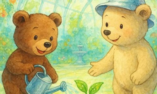 The main character is Benny, a small round-faced brown bear with bright eyes and a joyful, awed expression, gently pouring water from a shimmering silver watering can onto a small green plant; a secondary character, Bella, a slightly larger beige bear wearing a shiny silver hat and a kind smile, stands beside him, supporting the plant and looking at Benny with pride; the plant has broad glossy leaves with trembling water droplets and a faint green glow as it straightens; the setting is a large futuristic glass dome draped in vines and colorful flowers with pale mint tiled floors, soft light filtering through, mossy paths and a silver fountain in the background; the scene is warm and hopeful, centered on nurturing and cooperation, in a soft watercolor style with controlled splashes for water reflections and pastel blues and greens.