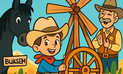 Een jonge cowboy, een 10-jarig jongetje met een grote beige cowboyhoed, leren riemen en bruine laarzen, staat trots en glimlachend met twinkelende ogen van opwinding. Hij is bezig met het bouwen van een grote windvanger van houten planken en een groot wiel, geconcentreerd en vastberaden. Naast hem staat een zwarte paard genaamd Bliksem, met een glanzende manen, die aandachtig kijkt met zijn grote oren omhoog. Op de achtergrond staat een oude sheriff, een man van ongeveer 60 jaar met een grijze snor en een versleten cowboyhoed, die glimlacht en applaudisseert, trots op de jonge cowboy. De omgeving is een uitgestrekte en zonnige prairie, met groene cactussen en gouden heuvels onder een stralende blauwe lucht. In de verte zijn majestueuze bergen zichtbaar. De hoofdsituatie toont de cowboy die zijn windvanger afmaakt, terwijl de wind de cactussen om hen heen laat dansen, en de dorpelingen zich verzamelen om zijn werk te bewonderen, nieuwsgierig naar het resultaat.