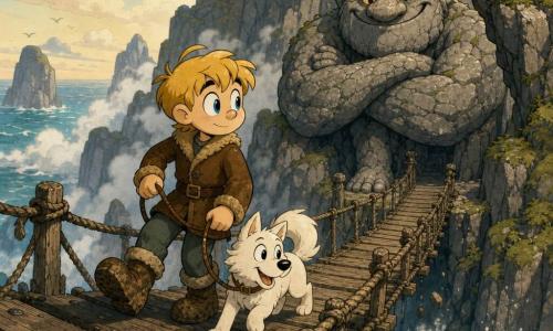 About a 12-year-old boy, Bjorn, with a round face and straw-blond hair, determined yet gentle expression and bright blue eyes, holding a leash and cautiously crossing an old wooden footbridge in a brown wool coat and muddy boots; his dog Skadi, medium-sized with a snow-white coat, loyal mischievous look, close at his feet with tail raised; a massive stone troll with veined grey rock texture, amber glowing eyes and a friendly but imposing mouth, standing at the bridge entrance with arms crossed; a glossy black raven perched on a ledge above, alert; steep grey cliffs with green moss, white mist weaving through the rocks, turquoise sea below and a pale morning sky; the weathered plank bridge with nailed boards and frayed ropes suspended over swirling frozen water; main scene: Bjorn and Skadi cross the troll-guarded bridge, gentle tension and adventurous atmosphere with mist and a few falling stones suggesting controlled danger.