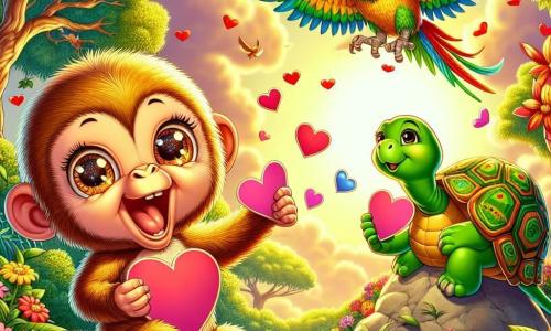 Ilustración que representa a un pequeño mono alegre, con pelaje dorado y ojos brillantes, sosteniendo cartas en forma de corazón decoradas con flores coloridas. Sonríe con entusiasmo, con los brazos levantados en señal de celebración. A su lado, una tortuga amistosa, con un caparazón verde y brillante, observa las cartas con admiración, mostrando alegría y emoción. Está sentada sobre una piedra, lista para ayudar a su amigo. Un loro colorido, con plumas rojas, amarillas y verdes, vuela sobre ellos, sonriendo. Sus alas están desplegadas, listo para aportar plumas para decorar las cartas. El lugar es un claro en la selva, iluminado por la luz dorada del sol poniente, rodeado de majestuosos árboles y flores de colores vivos, creando una atmósfera festiva. La escena principal muestra al mono y sus amigos preparando cartas de San Valentín, rodeados de risas y buena energía, celebrando la amistad con creatividad. También hay corazones de papel flotando, guirnaldas de flores en las ramas y un fondo de cielo naranja y rosa, añadiendo un toque mágico a esta escena alegre.