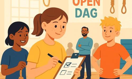 Een 12-jarig meisje met kastanjebruin haar in een paardenstaart, rond gezicht met sproeten, opgeluchte maar geconcentreerde uitdrukking, draagt een geel t-shirt en blauwe sportbroek, houdt een gevlochten touw vast en vinkt een checklist op een klembord aan; links staat Noa (12) met kort zwart haar die bemoedigend glimlacht en zacht aan het touw trekt om de knoop te testen; rechts Daan (12) met warrig blond haar, handen in de zij, klaar om een karabijnhaak te bevestigen; op de achtergrond meester Karim (±35) met korte baard en dunne bril kijkt goedkeurend bij een stapel blauwe matten; locatie: grote lichte gymzaal met glanzend parket, hangende touwen, klein podium en kleurrijke OPEN DAG-banners, vage silhouetten van zittende ouders; scène: kinderen controleren samen een knoop voor een mini touwbrug, teamsfeer, precieze gebaren en zacht middaglicht.