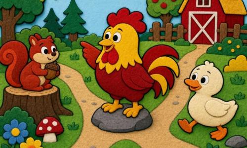 Un gallo redondo y vivo, plumaje rojo y amarillo brillante, picoteando y señalando el camino, a su derecha un pequeño pato blanco con patas naranjas que lo sigue, a la izquierda una ardilla rojiza en un tocón con una avellana; fondo de granja junto al bosque, hierba verde, flores y setas, tres senderos en abanico, luz suave de mañana, colores planos y contrastados, texturas tipo fieltro, formas simples y contornos negros para niños pequeños.